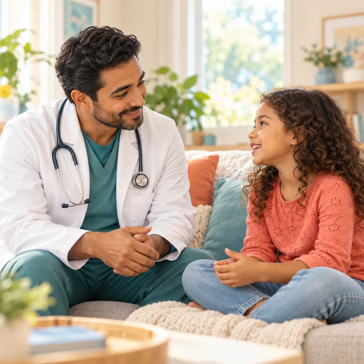 A pediatric clinician listening to a child during a home visit
