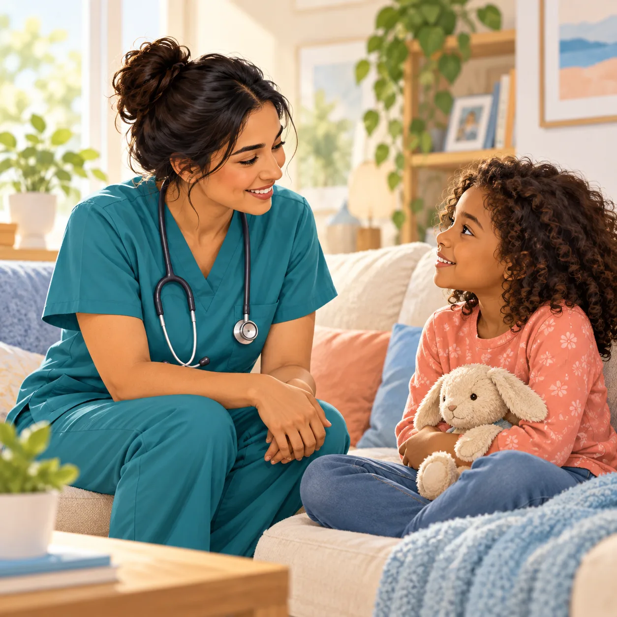 A pediatric nurse speaking gently with a child at home