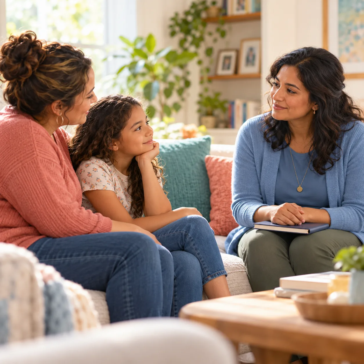A pediatric social worker talking with a parent and child