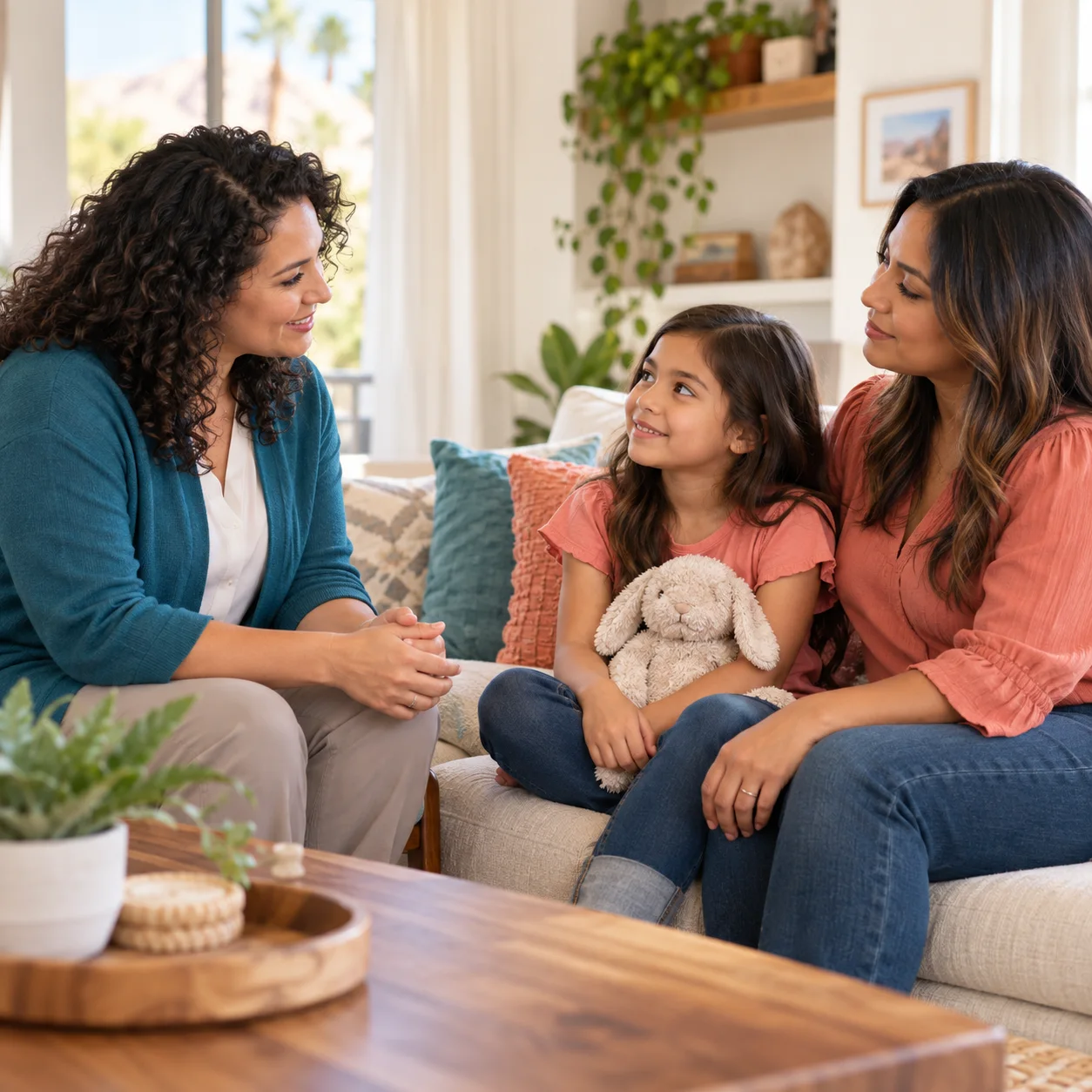 A spiritual care counselor listening to a parent and child during a home visit