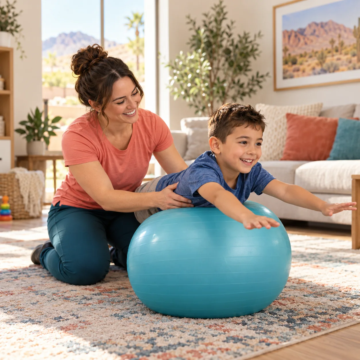 A pediatric physical therapist helping a child with a playful movement activity at home